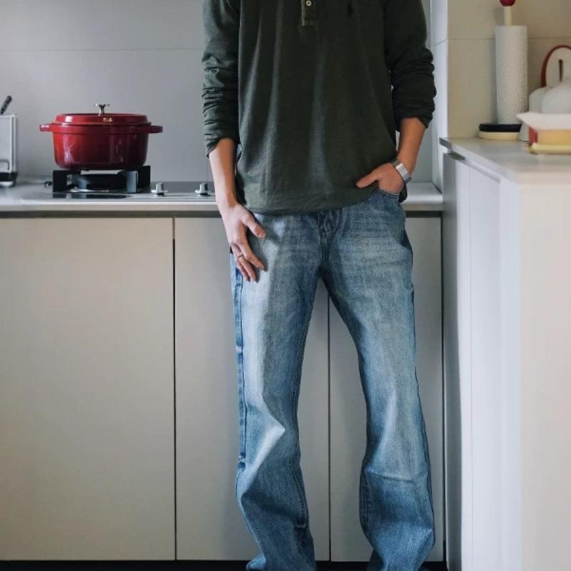Men's Washed Blue Straight Leg Jeans Vintage High Street Loose Cropped Denim Pants Casual OOTD Streetwear
