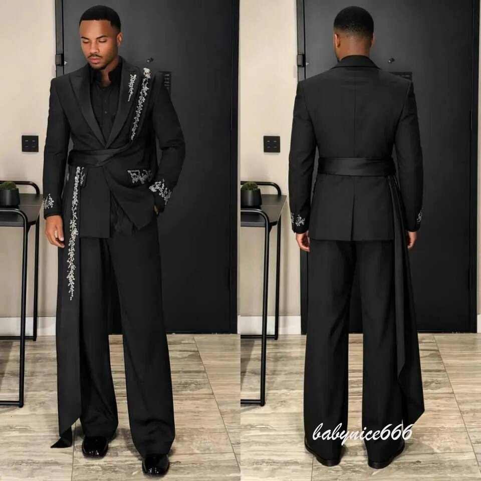 Black Man Tuxedos With Cap 2 Pieces Classic Fit Crystal Groom Trousers Suits Male Wedding Birthday Party Guest Wear Customized