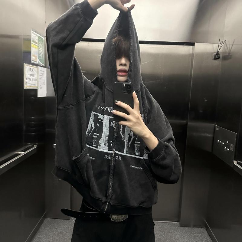 Designer High Quality Oversized Unisex Vintage Washed Distressed Zip Up Hoodie Men Women Loose Fit 100% Cotton Long Sleeve Streetwear Sweatshirt Cas