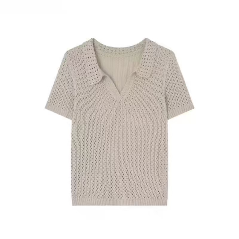 110 Chemise tricotée en coton et lin à col polo pour vêtements d'été pour femmes, style léger, ample et confortable, T-shirt à manches courtes