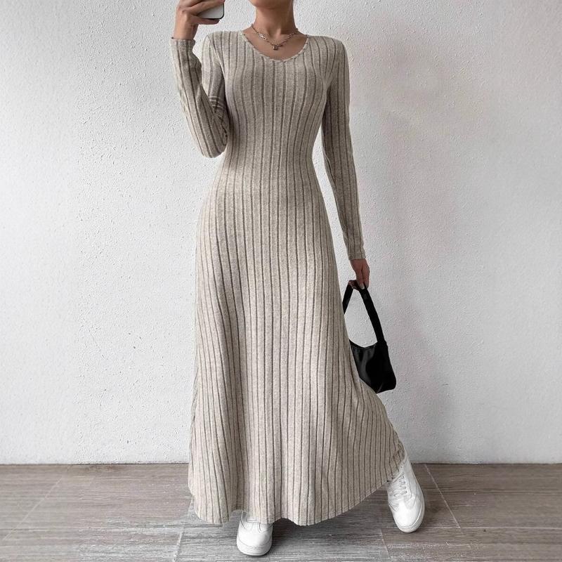 Robe trapèze à manches longues pour femmes, couleur unie, coupe cintrée, col rond, élégante, décontractée, en tricot, pour les déplacements