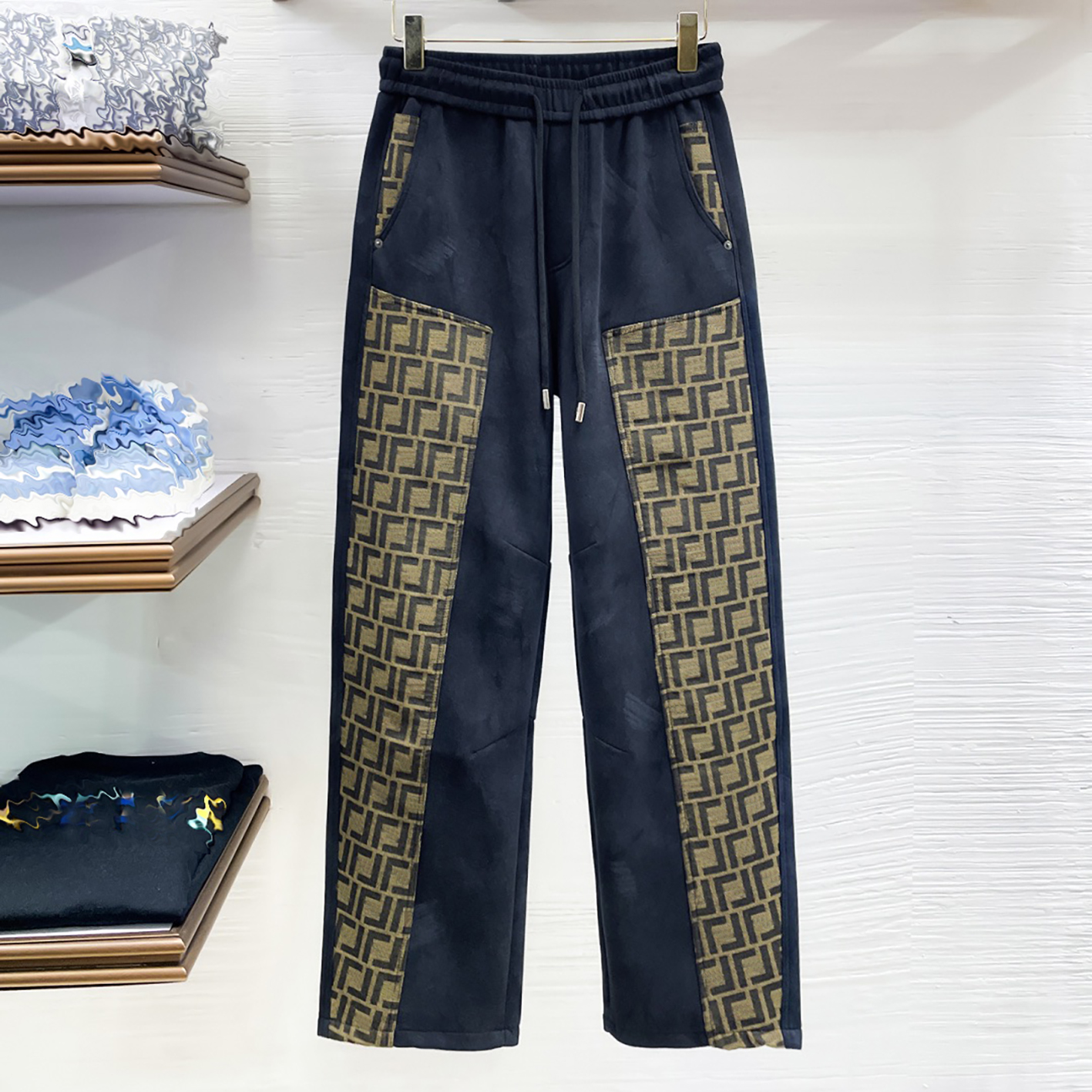 Designer brand clothing high-quality men's black F-flower side panel wide leg casual pants, drawstring straight leg sweatpants, loose wide leg
