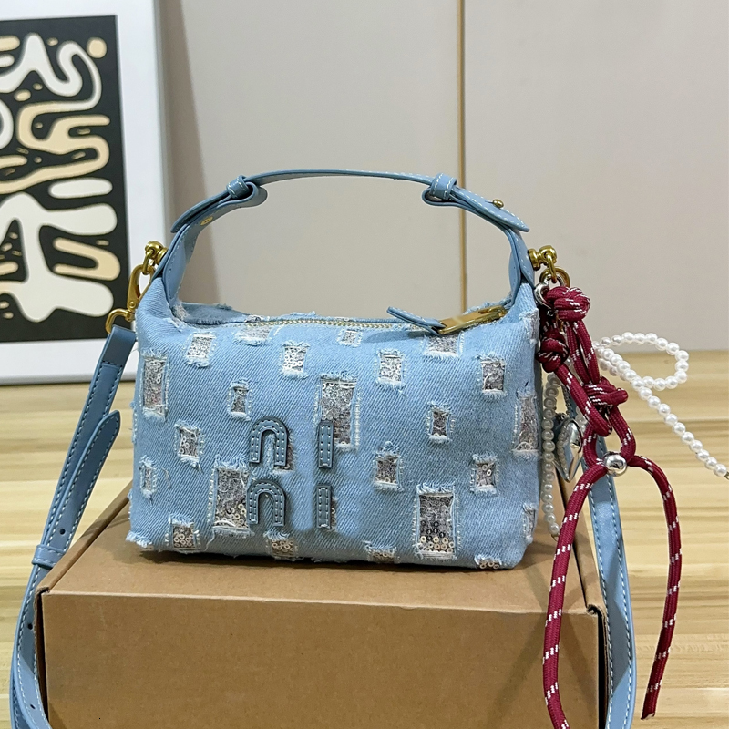 Designer bag Light Blue Distressed Denim Hobo mini Bag Braided rope shoulder strap Folding shoulder bag Y2K Mini Underarm Bag