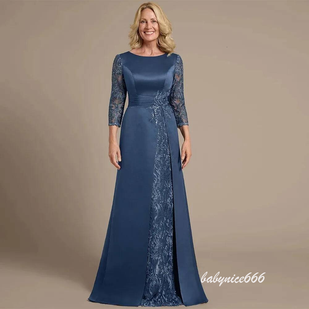 Elegant Ink Blue 2026 Mother of the Bride Dresses Scoop 3/4 Sleeves Lace Appplique Satin Mom Wedding Guest Formal Party Gowns Robe De Soiree