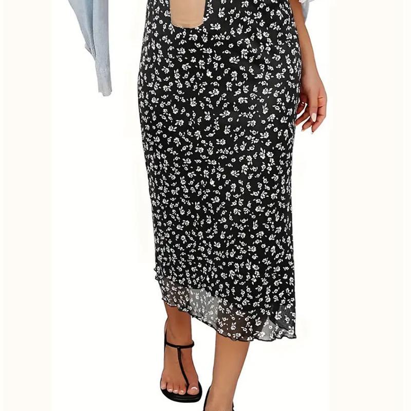 Designer Autumn Women's Floral Mesh Midi Bodycon Skirt High Waist Lace Trim Stretch Elegant Office Commute Black