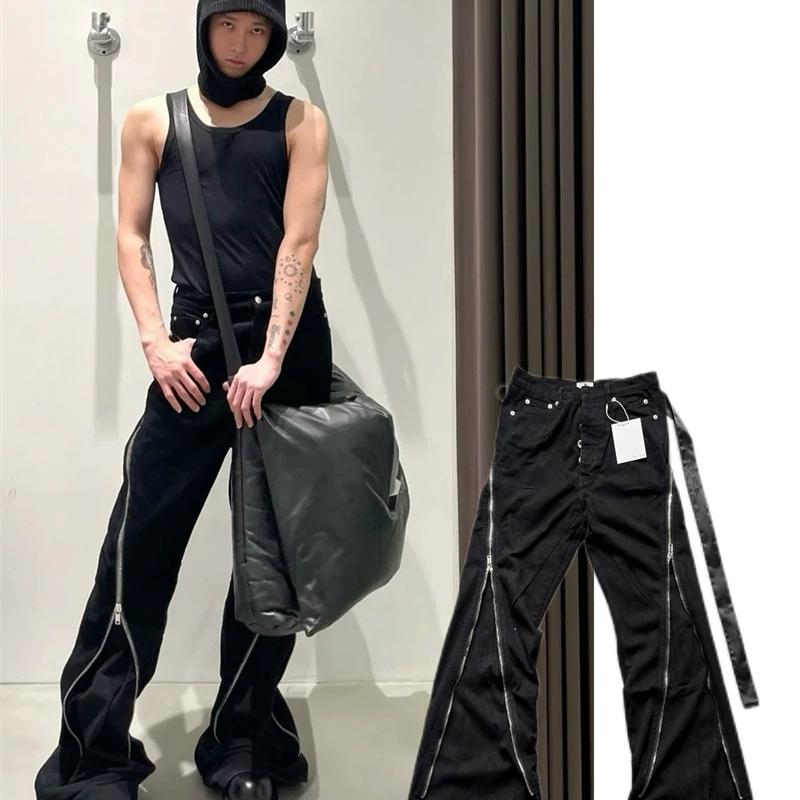 Jean évasé noir délavé, pantalon en Denim à jambes larges, taille moyenne, fermeture éclair, sans Stretch, décontracté, unisexe, Streetwear, Long