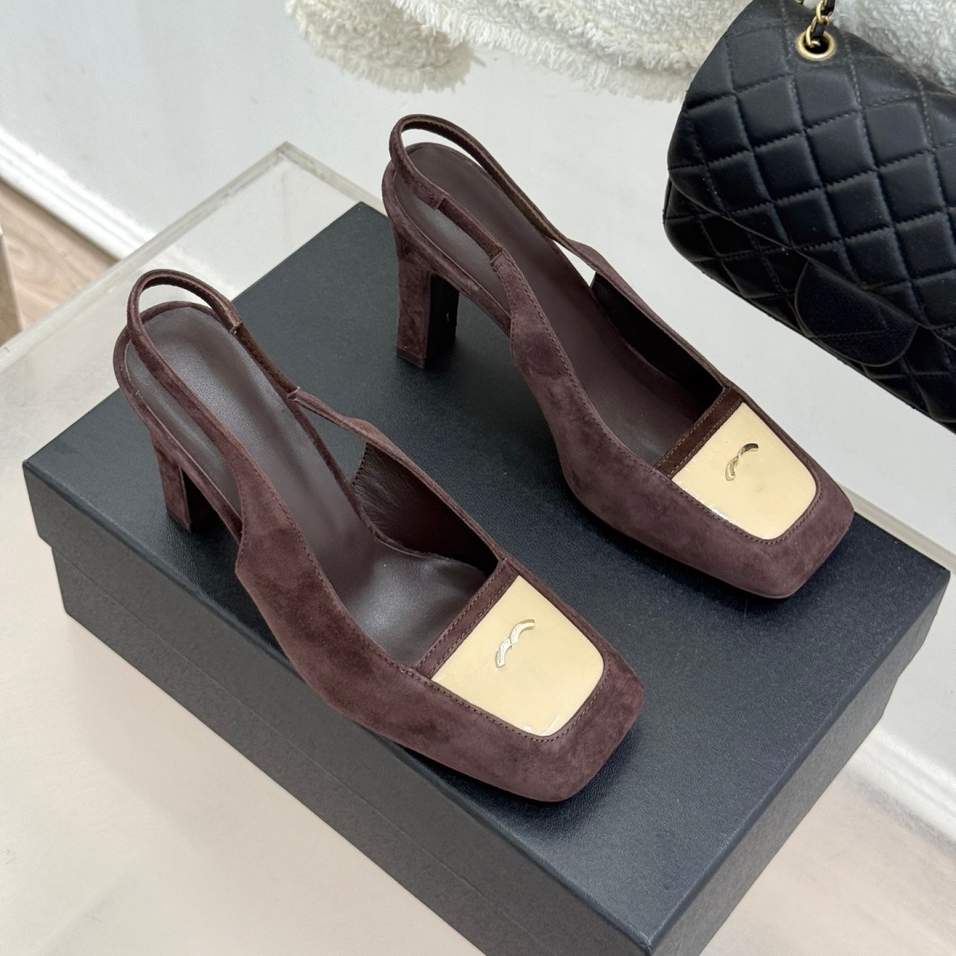 Designer Shoes Women Square Toe Slingback Block Heel Pumps Suede Color Block Patchwork High Heels Elegant Party Dress Sling Back Heeled Sandals Shoe