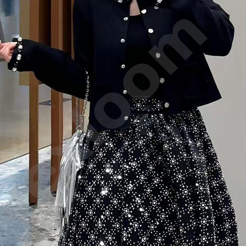 Designer Femmes Strass Perlée Garniture Deux Pièces Tenue À Manches Longues Veste Courte Et Une Ligne Robe Midi Élégant Tweed Ensemble Assorti