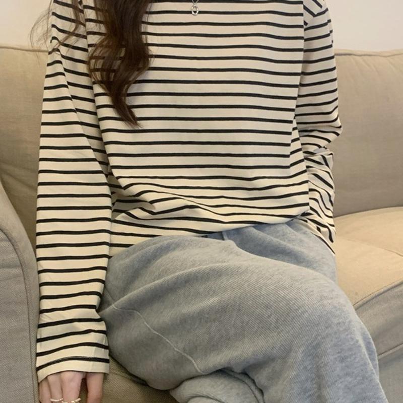 Women's Spring Striped Long Sleeve T-Shirt Round Neck Loose Slimming Versatile Basic Top Black Green