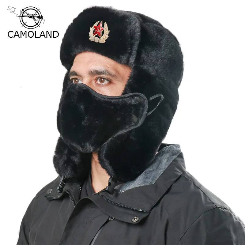 Beanie/Skull BeanieSkull Caps CAMOLAND Soviet Army Military Badge Bomber Hat Chapka Men Women Russia Ushanka Hats Faux Rabbit Fur Earflap Snow Trapp