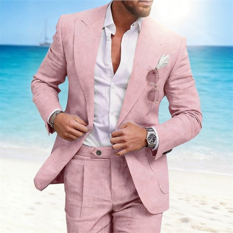 Herenkostuums Blazers Linnen pak Trouwkostuums voor heren Reverskraag Toppants 2-delige set Vlas met enkele rij knopen Trajes Elegante Para Hombre 2