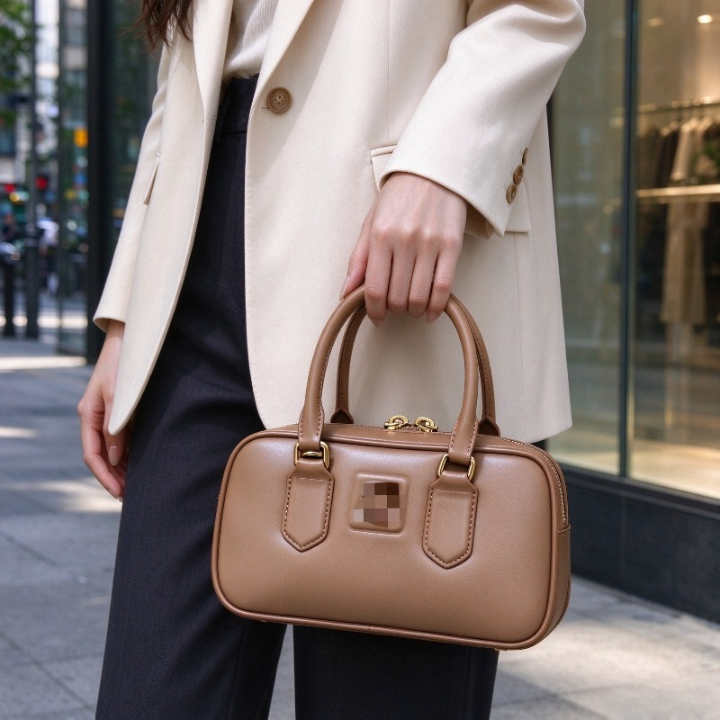 Fashion Retro Mini Boston Bag Women, Solid Leather Handbag, Gold Hardware Zipper Casual Daily Crossbody Purse with Logo 823