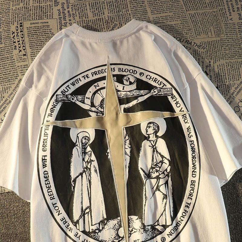 Oversized Plus Size 6XL 100% Cotton T-Shirt Hip Hop Cross Print Short Sleeve Crew Neck Loose Unisex Summer Streetwear Tee Punk Gothic Streetwear Y2K