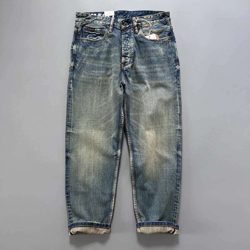 Men Jeans Men's Japanese Indigo Blue Selvedge Straight Leg Denim trousers Jeans For Men Artisan Vintage Spring Washed With Raw Hem Detailing De