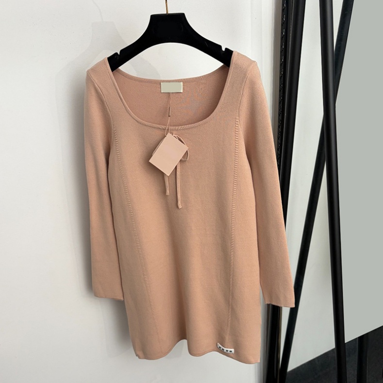 Bodycon Knitted Dress For Women Girlish U Neck Bow Long Sleeve Above Knee Elegant Dresses Autumn Birthday Party Club Dating Skirts