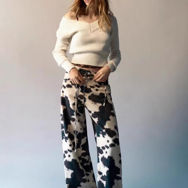 Designer High Quality Unisex Retro Cow Print Washed Straight Leg Jeans Men Women High Waist Vintage Distressed Loose Denim Pants