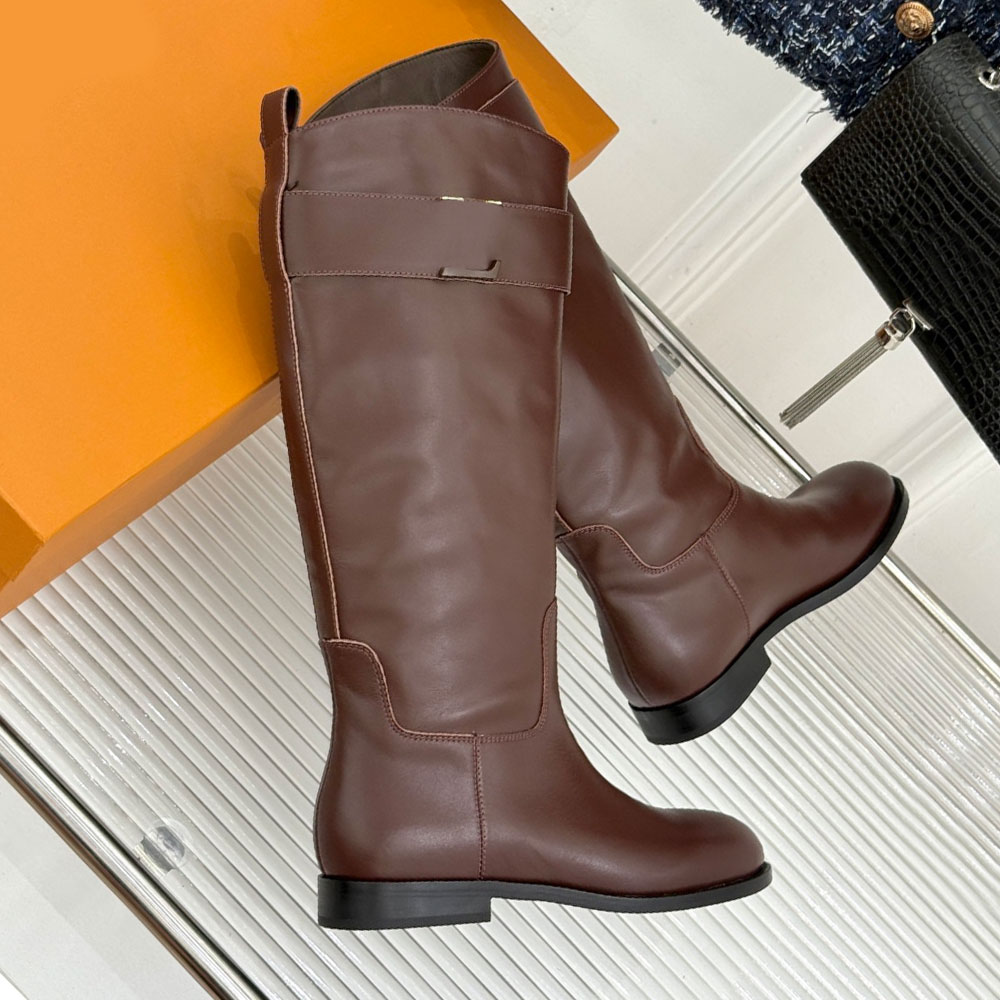 Midtown Flat High Boot womens knee high boots 1AIUND Brown Plain calf leather Luxury designer boots Signature Autumn Winter Equestrian Boots Leather