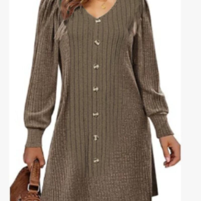 Womens V Neck Vertical Rib Knit Dress Long Sleeve Puff Sleeve Shoulder Front Buttons Loose Fit Swing Hem Casual Fall Midi Dress