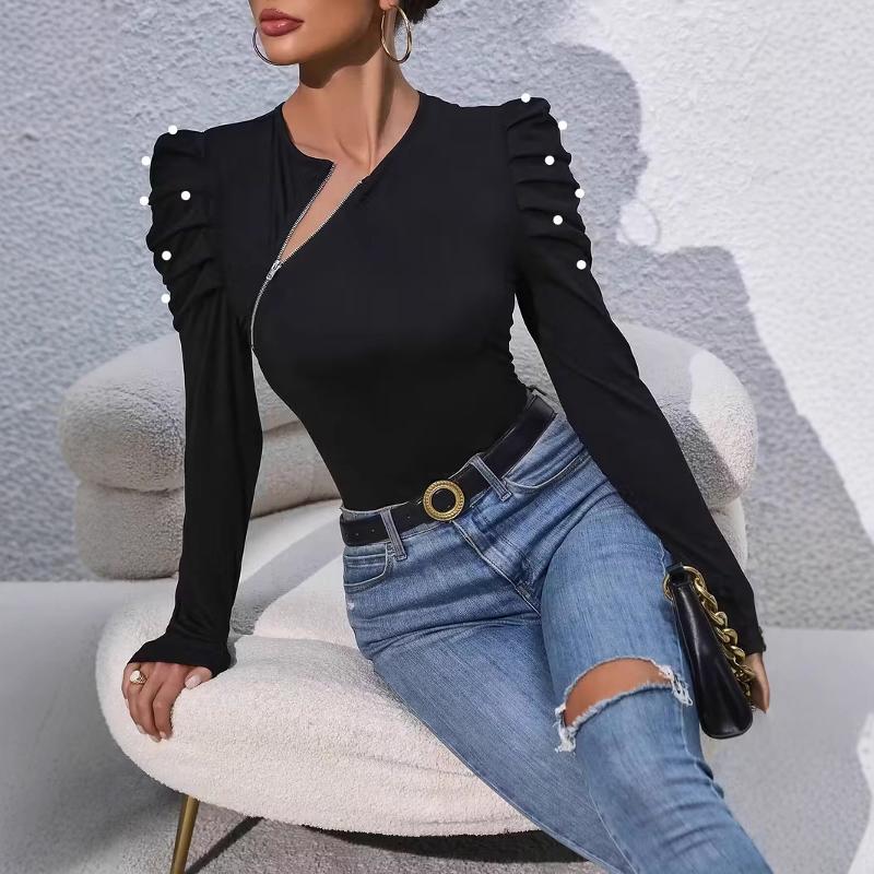 Womens Elegant Ruched Pearl Embellished Shoulder Top Diagonal Zipper V Neck Long Sleeve Slim Bodycon Nightclub Blouse
