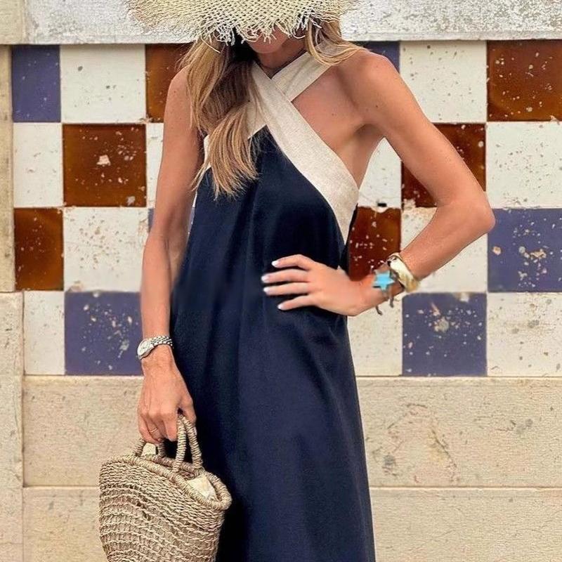 Designer Women's Summer Off Shoulder Sleeveless A-Line Dress Casual Vacation Solid Color Loose Fit Beach Dress