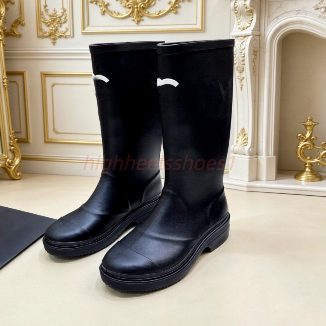 Luxury Designer Rain Boots Women Waterproof Rubber Knee High Water Boots Contrast Color Toe Wellies Non Slip Jelly Garden Shoes Long Rainboots Size