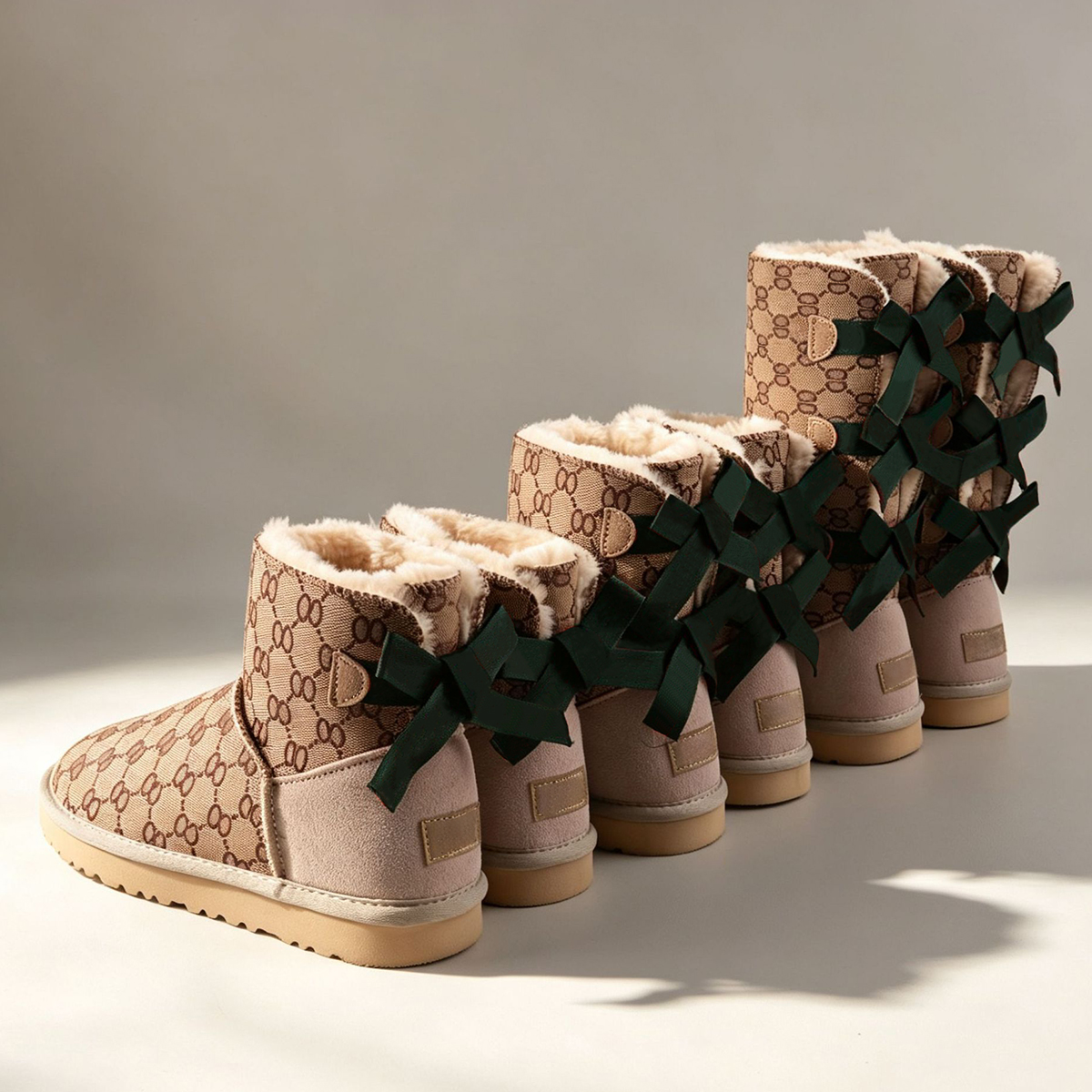 Winter Snow Boots Classic Monogram Printed Mid Calf Boots with Green Red Bow, Warm Faux Fur Lining Anti Slip Sole Fashion Girls Winter Boots for Dai