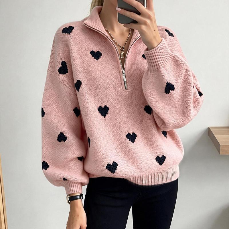 Haut tricoté à col montant et demi-fermeture éclair pour femme, motif cœur, manches longues, épaules tombantes, pull décontracté en peluche