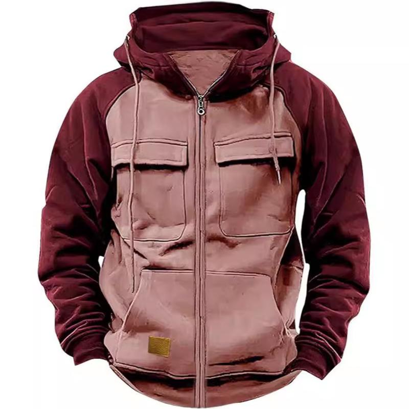 Sweat-shirt à capuche pour hommes, couleur unie, doublé polaire, multi-poches, fermeture éclair, manches longues, coupe ample, sport décontracté,