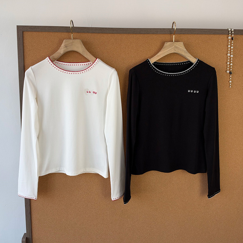 Designer Women Piping Basic Blouse Crew Neck Long Sleeve Cropped Embroidery Top Autumn Dating Weekend Commute Versatile Shirt