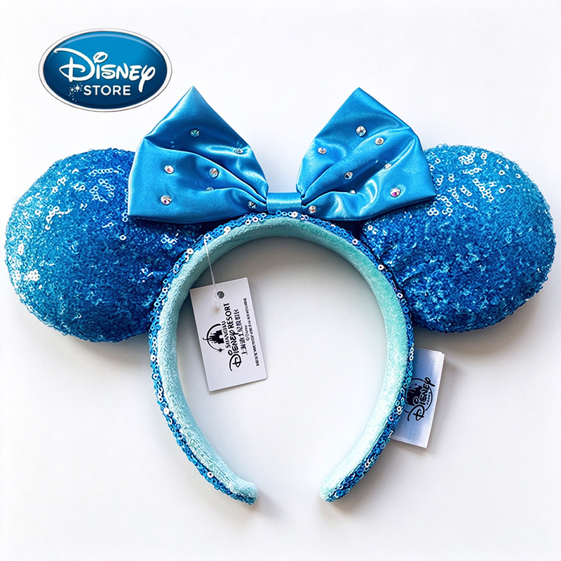 Disney Blue Sequin Minnie Ears Headband Sparkly Rhinestone Bow Mouse Ear Mickey Headwear For Women Girls Theme Park Costume Party Hair Accessory