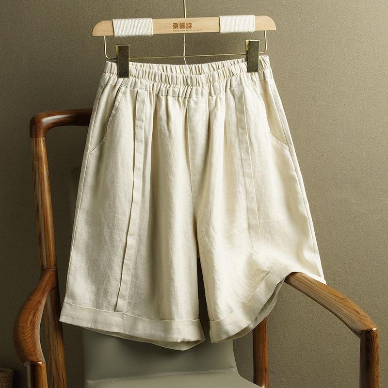 Pantalones cortos de pierna ancha de lino y algodón para mujer, pantalones Capri elásticos de cintura alta, holgados, informales, rectos, de talla g