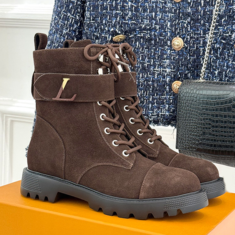 Womens Citizen Flat Ranger Boot 1AKHWB Elegant Suede calf leather Lace Up Ankle BootsDesigner Suede Covered Strap Round Toes Short Boots Rubber Outs