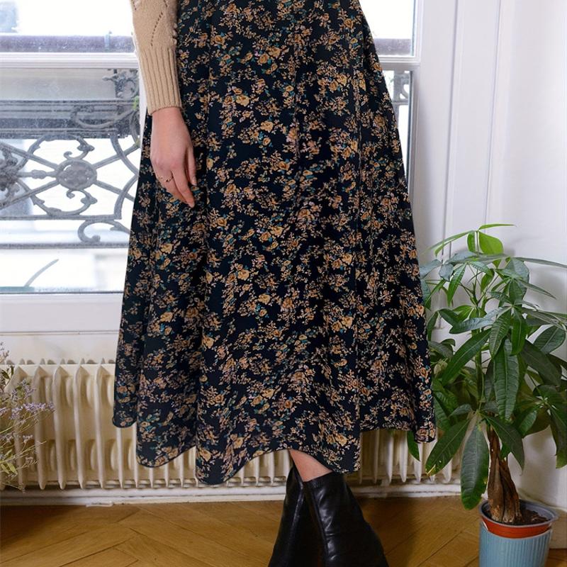 Designer Women's Floral Print Pleated A-Line Midi Skirt Elastic Waist Elegant Summer Commute Casual Navy Black S-XL