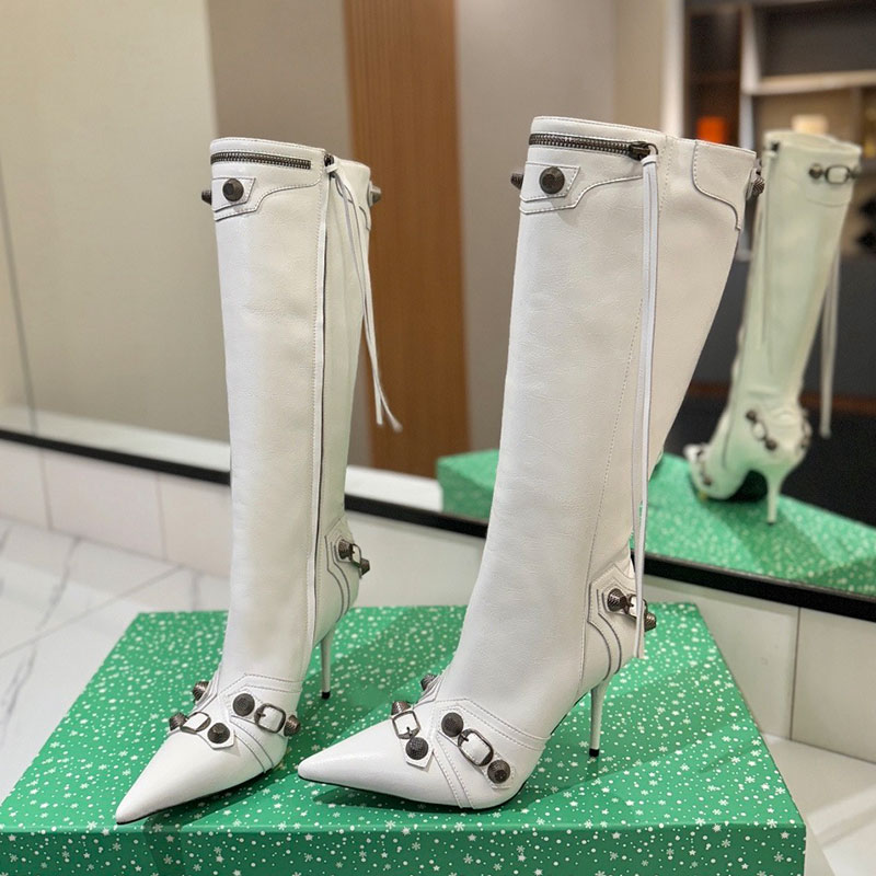 Botas hasta la rodilla para mujer Remache para mujer Bota con punta puntiaguda Diseñador Cremallera lateral Botas altas hasta el muslo Tacón de aguj