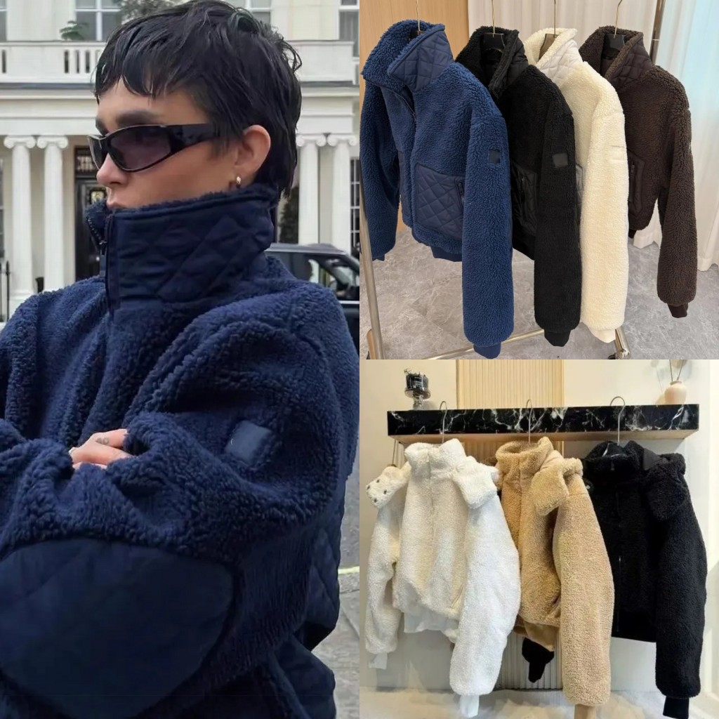 Designer Women Fleece Sherpa Edge Jackets Navy Blue Warm Cropped Coats Stand Up Collar Zipper Loose Hooded Winter Puffer Jacket Clothes