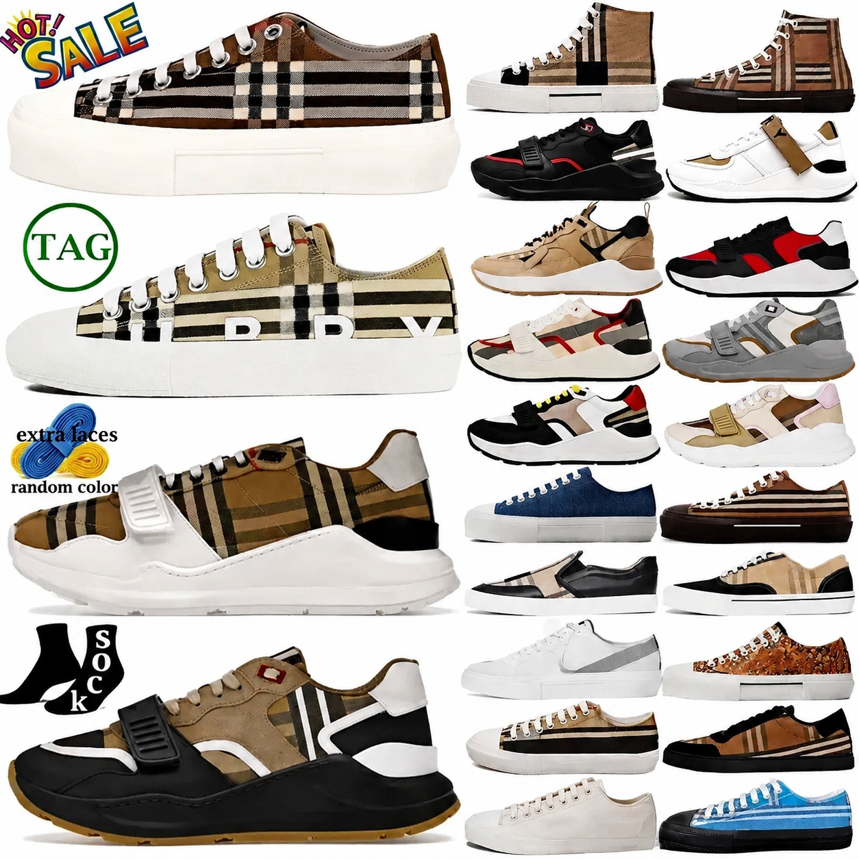 Vintage Designer Sneakers, Archive Check Trainers for Men, Cotton Suede Leather Shoes, Premium Aesthetic, Beige, Birch Brown, Soft Blue, Chalk