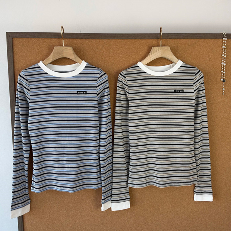 Striped Fake Two Piece Basic Top For Women Sexy Slim Fit Crew Neck Cropped Thin Pullover Autumn Weekend Commute Casual Classic Outfit