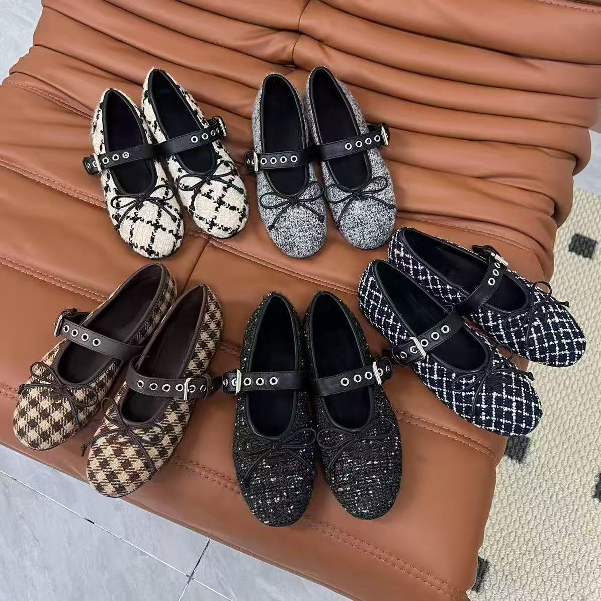 Top Qualité Designer Femmes Plaid Tweed Mary Jane Appartements Bow Décor Boucle Sangle Unique Chaussures Vintage Doux Casual Quotidien Marche Cha
