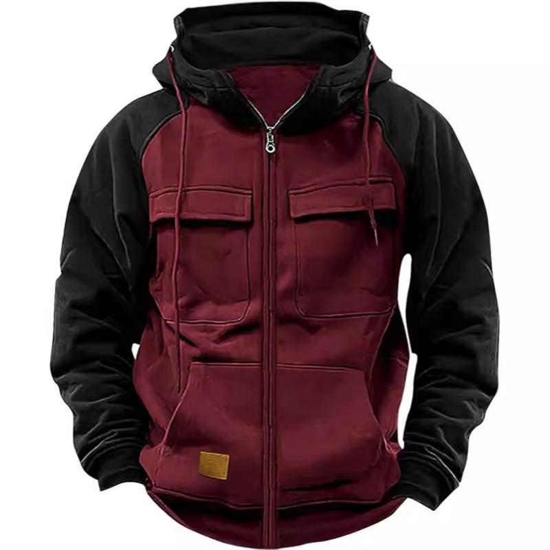 Sweat-shirt à capuche de haute qualité pour hommes, couleur unie, doublure polaire, multi-poches, fermeture éclair, manches longues, coupe ample,