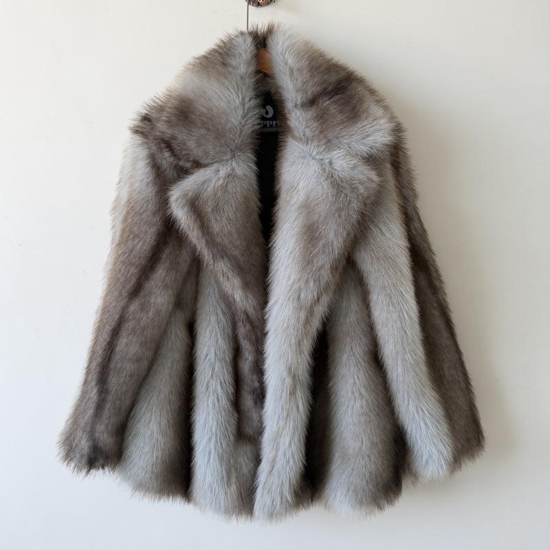 High Quality Women's Faux Fox Fur Coat Mid Long Warm Color Block Streetwear Winter Outerwear Jacket Fashion Ladies