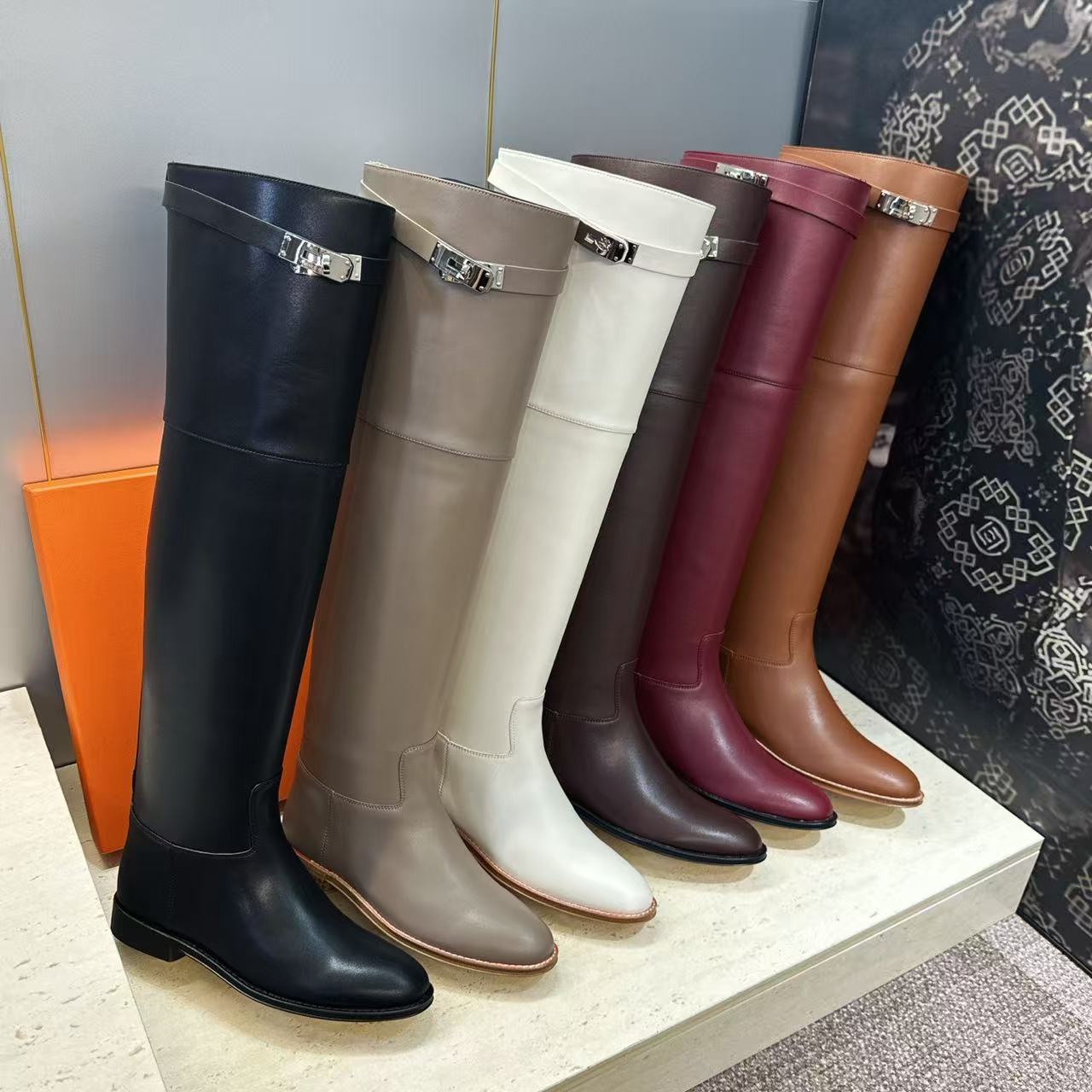Designer Fashion Womens Boots Top New Leather Knee Over Boots for Women, Slim and Low Heel Leather Knight Boots, Metal Buckle High Top Boots