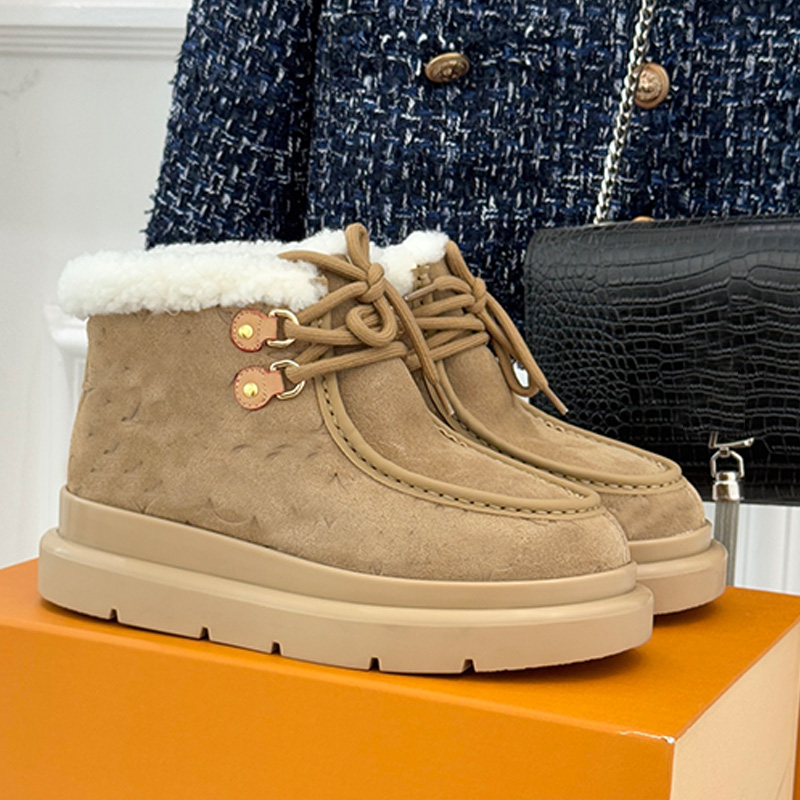 Autumn Winter Designer Womens Cortina Low Boot Luxurious Beige Embossed Suede Calf Leather Lace Up Snow Boots Women's Fashionable Outdoor Warm