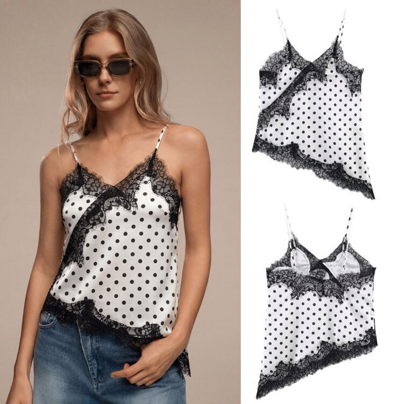 Camisole en dentelle à pois pour femmes, col en V, style court sexy, fines bretelles, streetwear d'été, haut intérieur décontracté à la mode