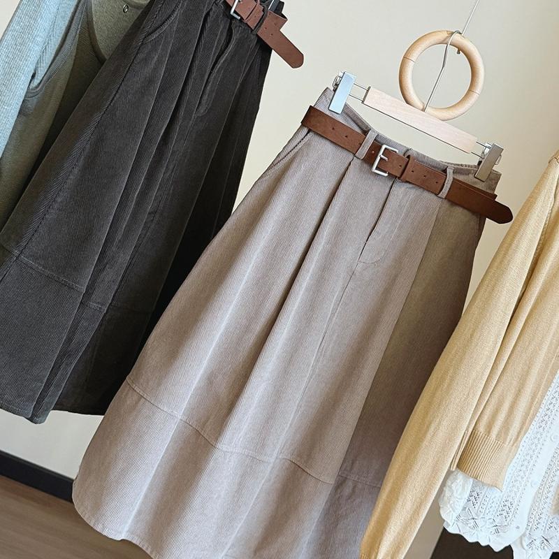 Jupe mi-longue trapèze en velours côtelé pour femmes, taille haute, ourlet à bulles, Style coréen décontracté, poches de couleur unie, automne