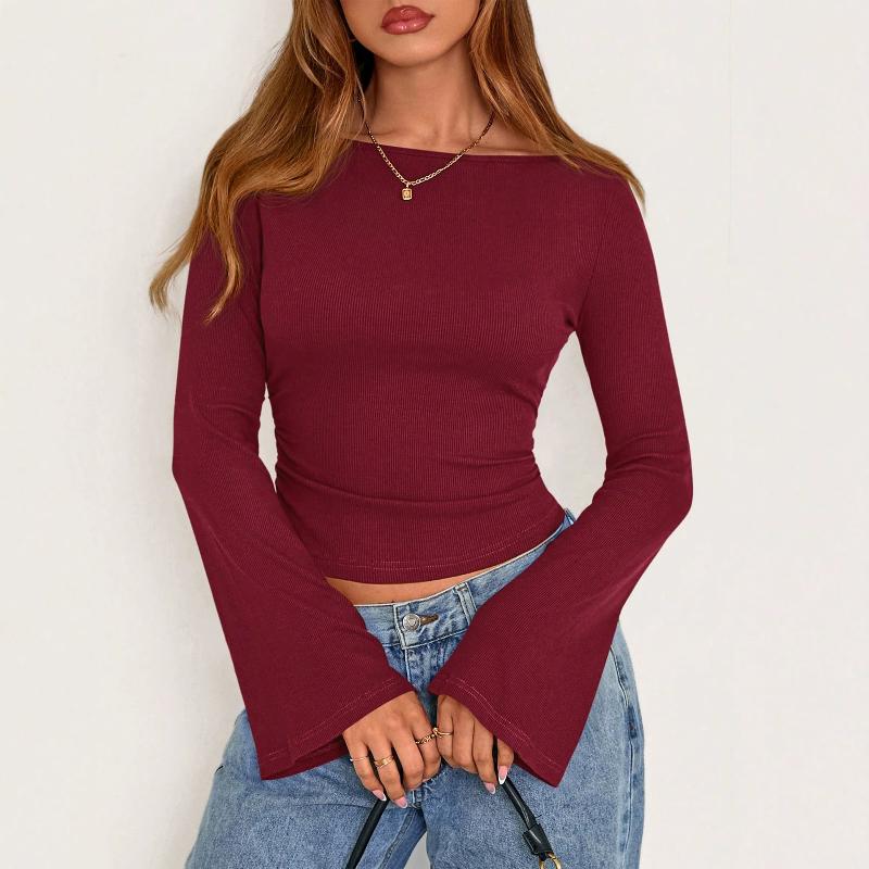 Fashionable Women Off Shoulder Ribbed Knit Long Sleeve Flare Sleeve Slim Fit Crop Top Solid Color Y2K Bodycon Casual Tee