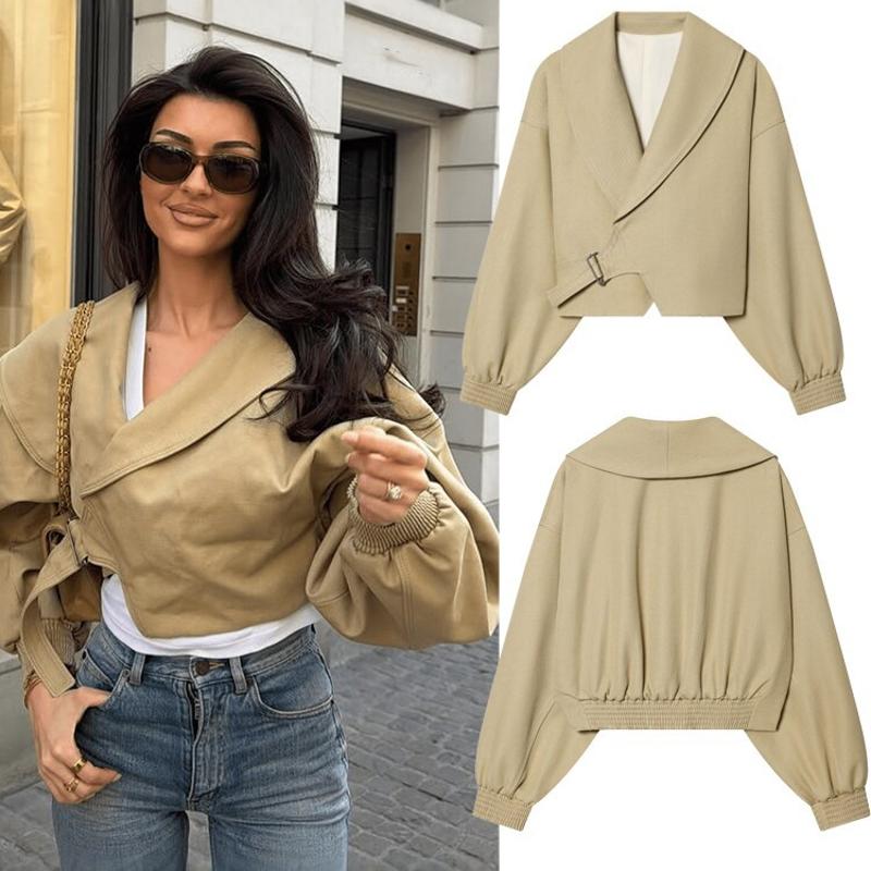 Veste courte à col à revers pour femmes, couleur unie, manches longues, ouverte sur le devant, ample, décontractée, Streetwear, kaki, manteau de