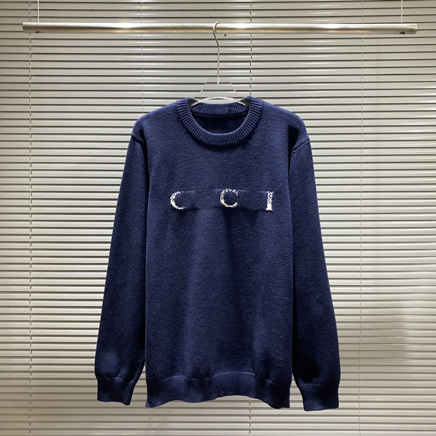 Designer branded high-quality men's blue GG letter jacquard round neck knitted sweater, loose fitting pullover knitted sweater, unisex top