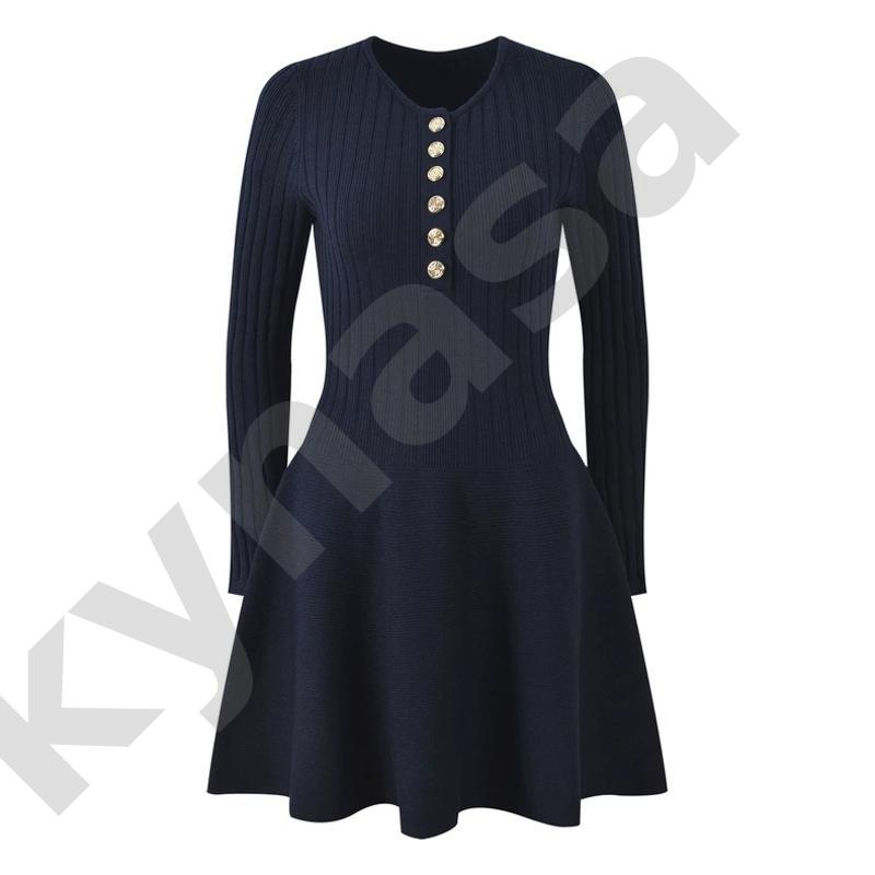 Designer Women Ribbed Knit Mini Dress Long Sleeve Half Placket Gold Button Slim Waist A Line Flared Hem Elegant Knitted Dress