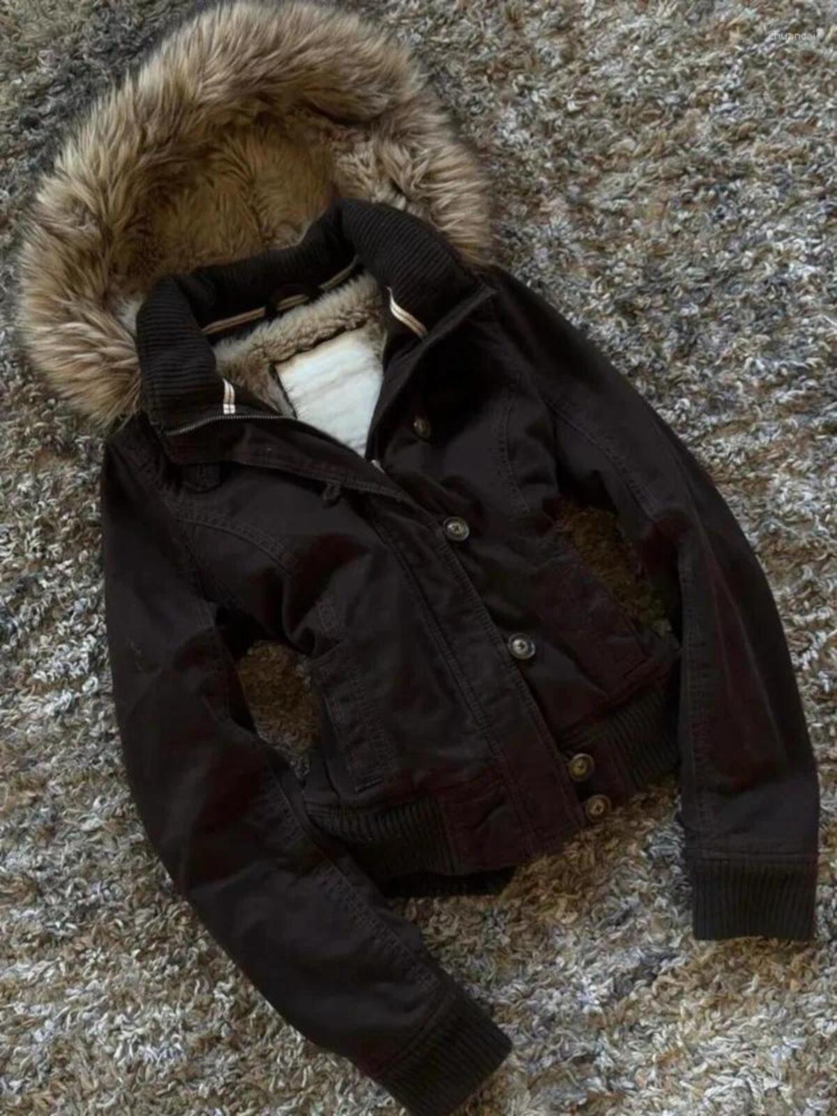 Vestes Femmes Y2K Vintage Col de fourrure à capuche Automne Hiver Noir Casual Tops Streetwear Punk Cardigan Manteau Femmes Sweat-shirt