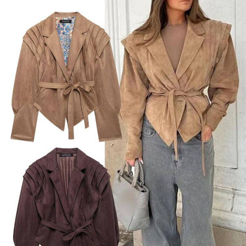 Veste en daim de styliste pour femmes, vêtements d'extérieur d'automne Streetwear court ajusté à la taille, manches longues de couleur unie marro